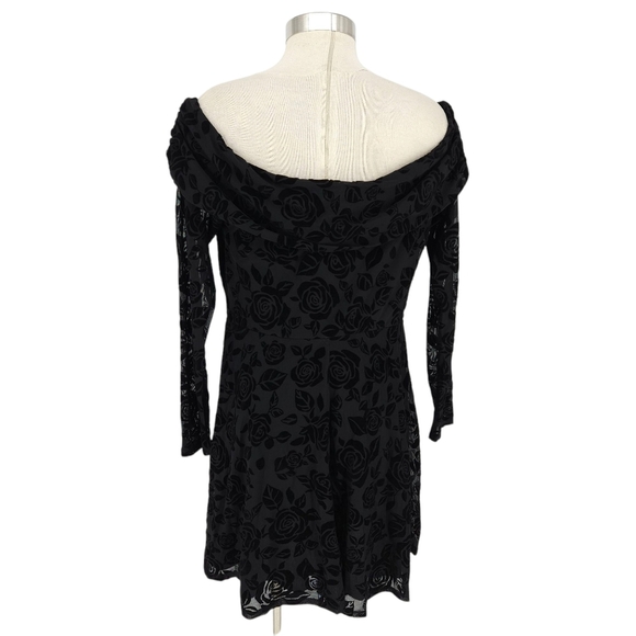 Wild Fable Fit Flare Dress Black Flocked Floral Off Shoulder Long Sleeve 2XL - Picture 5 of 8